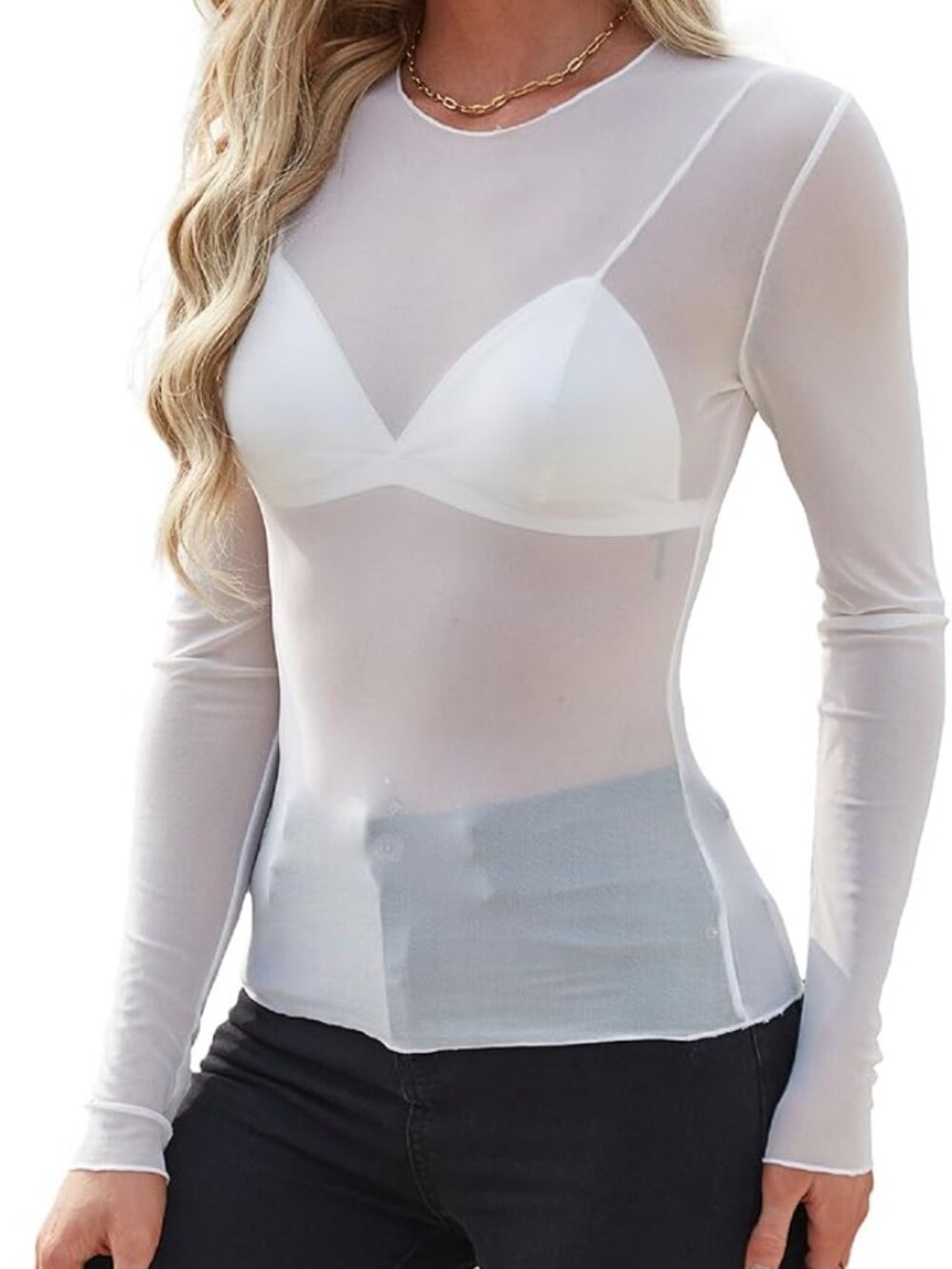 Mesh Sheer Long Sleeve white top (XL)